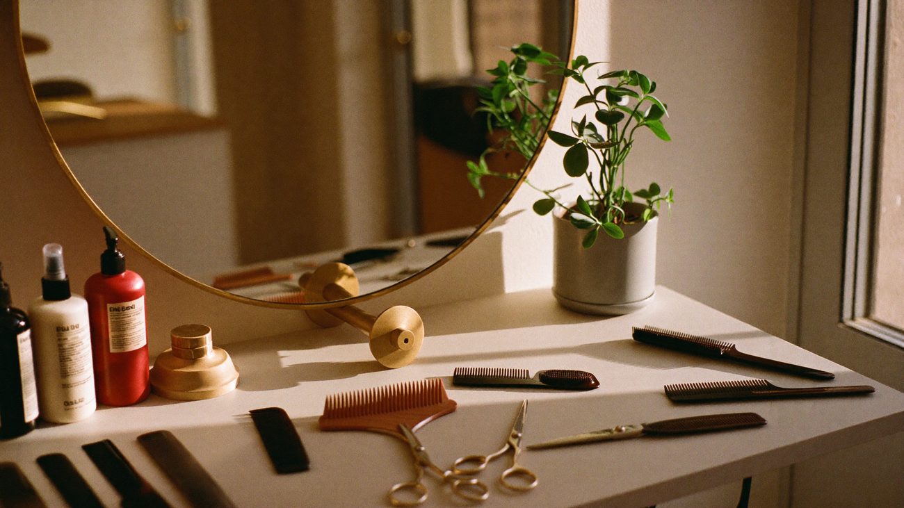 Styling station met spiegel en messing details bij Studio Haar